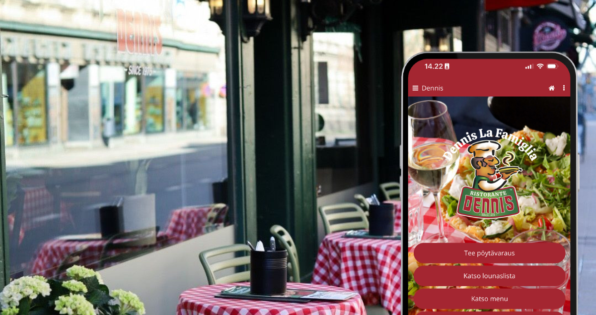 Dennis-ravintolan terassi punavalkoisine pöytäliinoineen ja puhelimen näytöllä näkyvä Dennis La Famiglia -sovellus, jossa voi tehdä pöytävarauksen, tilata ruokaa ja käyttää kanta-asiakasetuja.