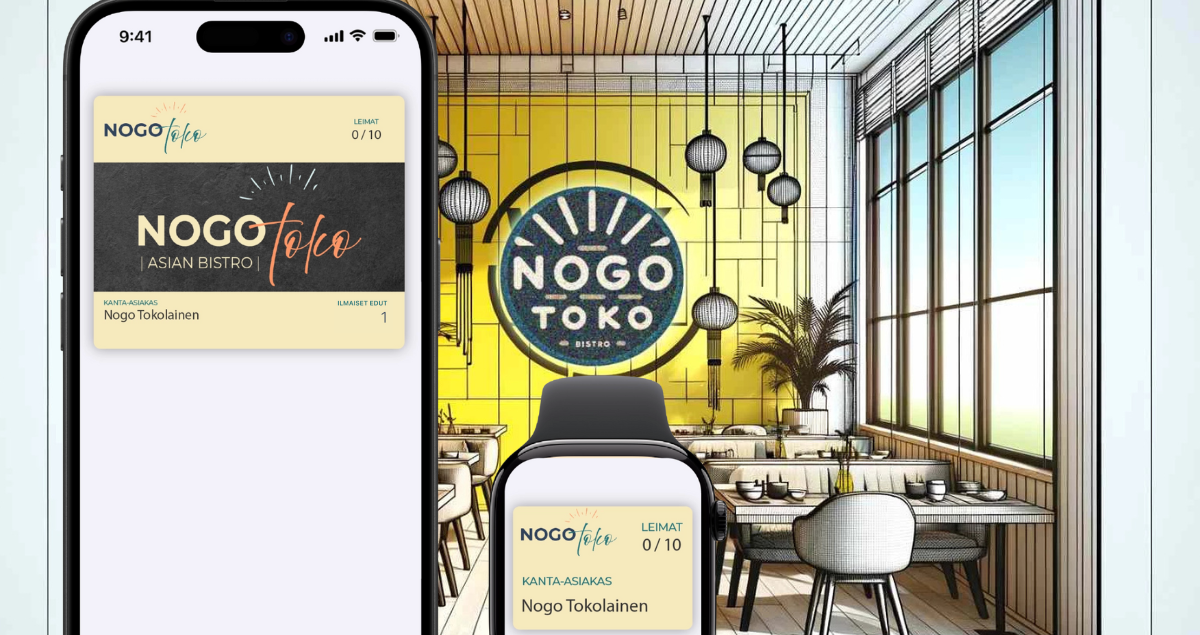 Nogo Toko -ravintolan digitaalinen kanta-asiakasohjelma Wallet-passina ja NFC-teknologialla Paraisilla.