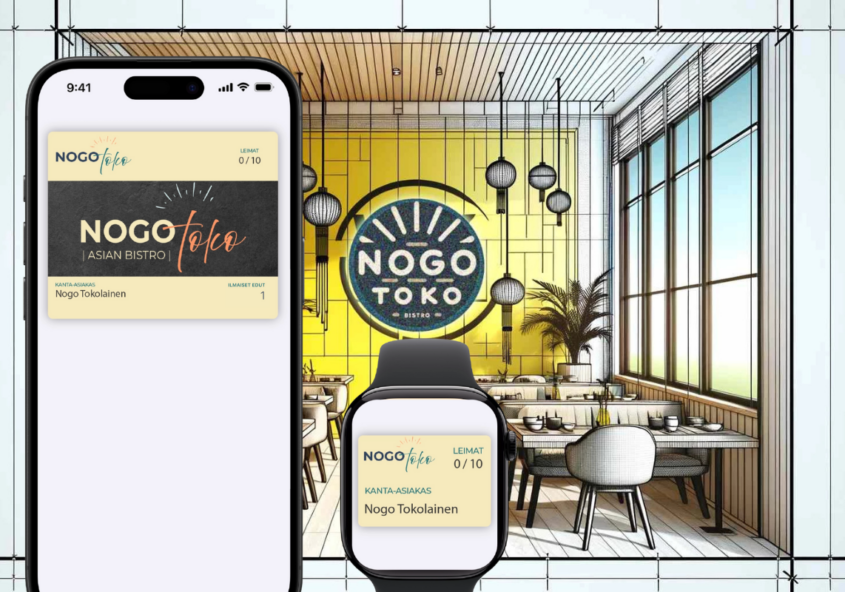 Nogo Toko -ravintolan digitaalinen kanta-asiakasohjelma Wallet-passina ja NFC-teknologialla Paraisilla.